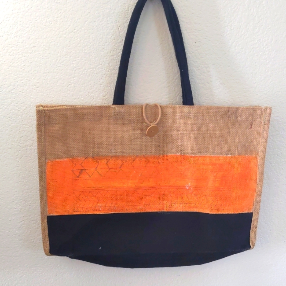 Orange and Black Canvas Tote Bag Painted By Hit beach resort